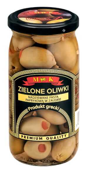 MK GREEK GREEN OLIVES 350G LARGE FILLED WITH PEPPERS